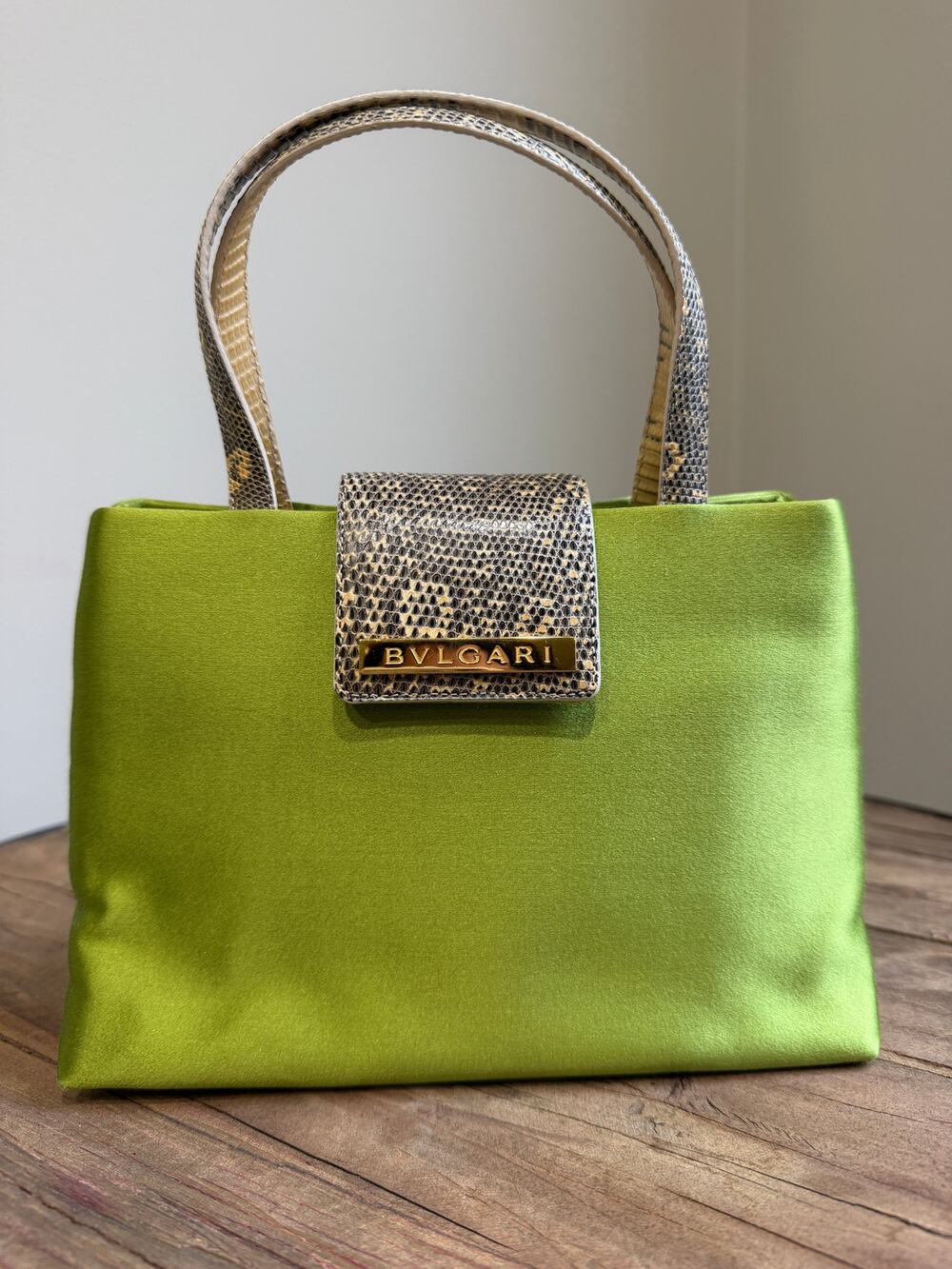 Bvlgari Vintage Pammee Bag Chartreuse Green Satin Vanilla Lizard Rare Y2K